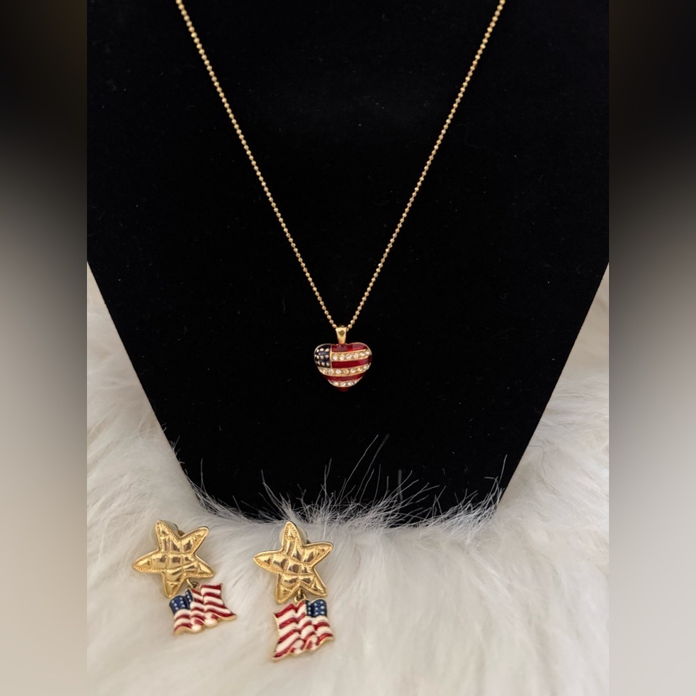 American Flag Design Necklace and Earrings Set
